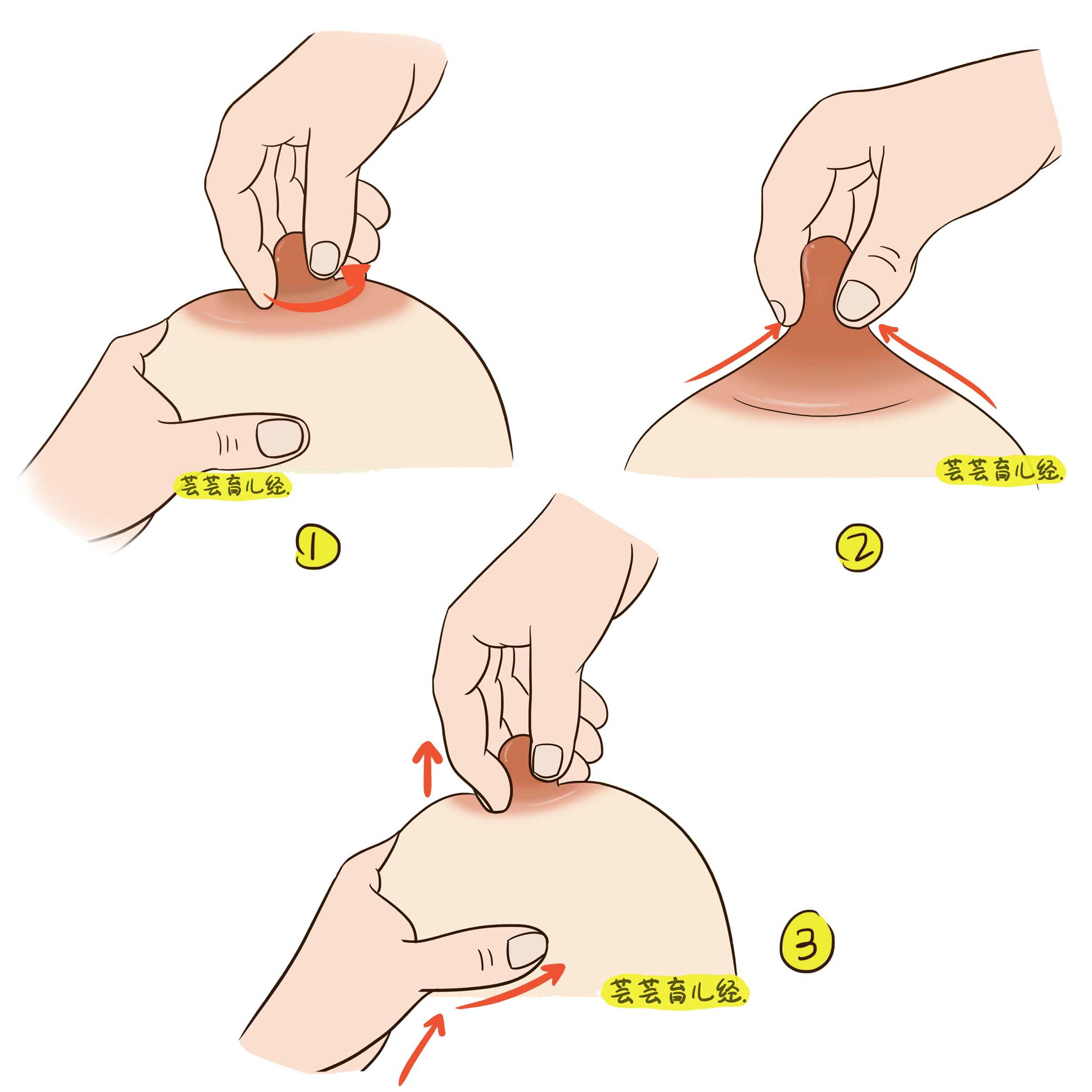 直推乳房:先用右手掌面在左侧乳房上部,即锁骨下